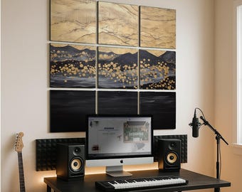 Art Deco Wall Decor Panels, sound dampening mural, Black gold abstract mountain landscape acoustic panel, noise reducing office studio gift