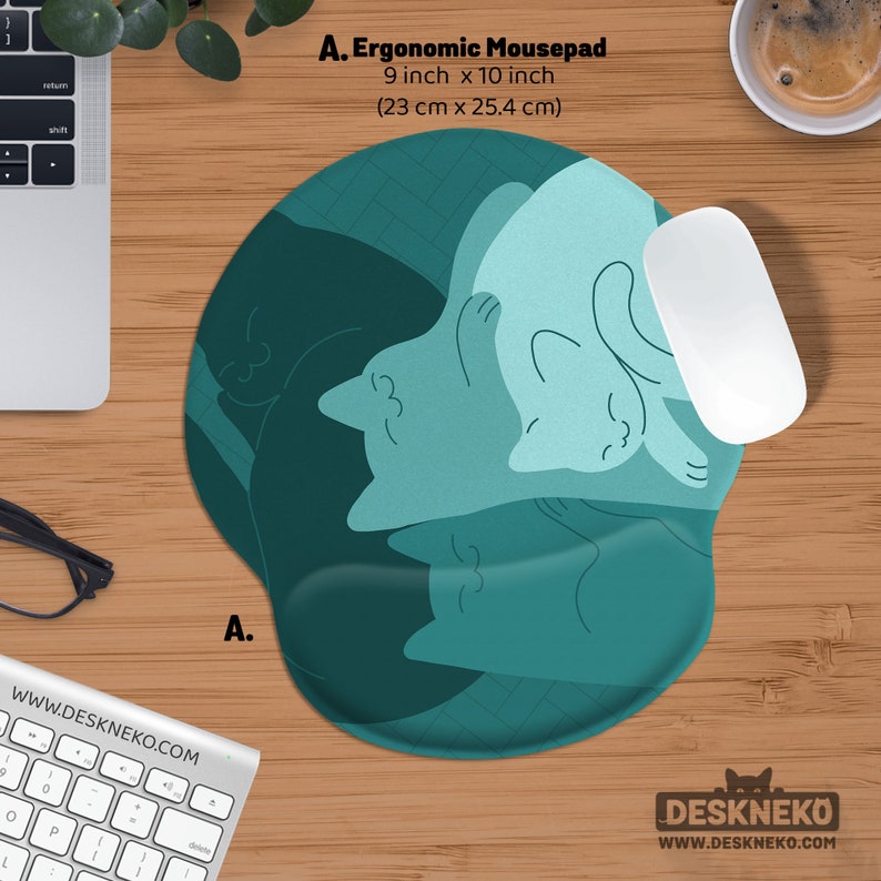 Teal Cats Desk Mat Mouse Pad, Green Mousepad Cute, Kawaii Cat Deskmat xl, Extra Large XXL, Extended table matt led, Aesthetic Office Decor A: 22x25cm / 9″x10″ inches
