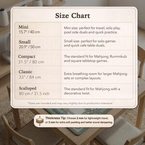 May include: A size chart for Mahjong game mats, with dimensions in inches and centimeters. The chart lists sizes from Mini (15.7"/40 cm) to Scalloped (31.5 inch / 80 cm). Includes a thickness tip for choosing padding.