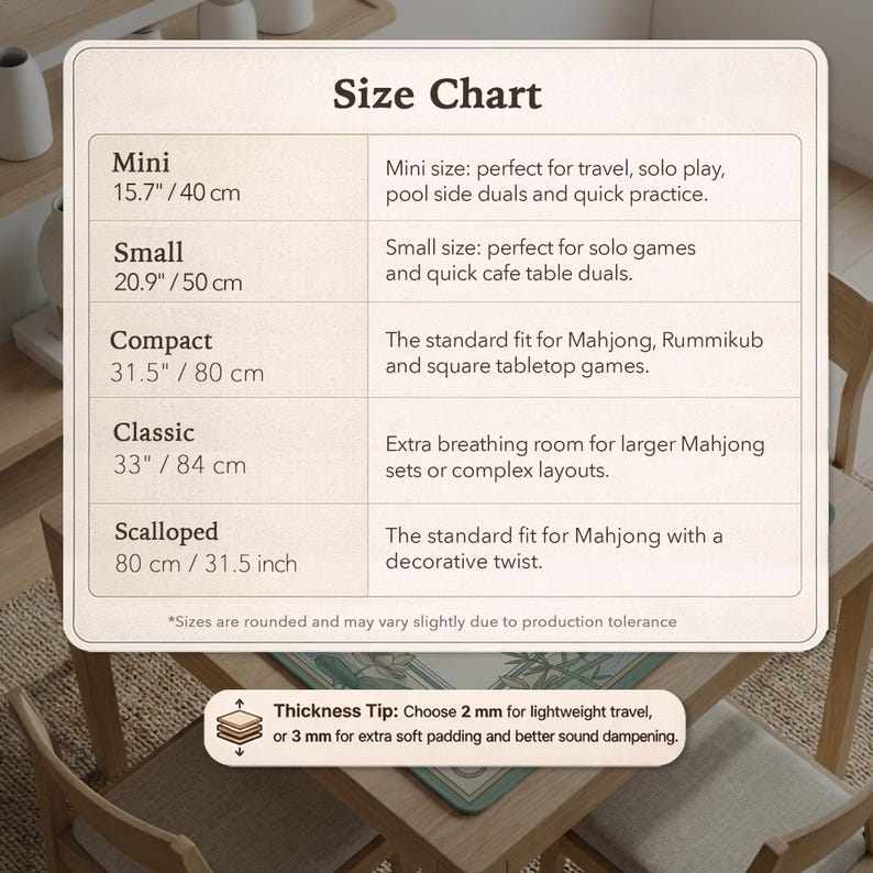 May include: A size chart for Mahjong game mats, with dimensions in inches and centimeters. The chart lists sizes from Mini (15.7"/40 cm) to Scalloped (31.5 inch / 80 cm). Includes a thickness tip for choosing padding.