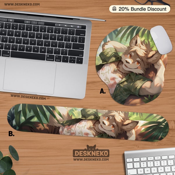 Furry Mouse pad: Mousepad with wrist rest, cute anime wold boy fox dog male, 3d Ergonomic keyboard support, office decor gift for gamers