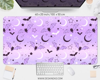Kawaii goth desk mat, Pastel mousepad cute, Bats moon and stars, xxl gaming deskmat rgb led, pink gothic aesthetic, xl Mouse pad wrist rest