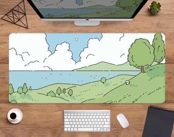 Cute anime Deskmat Kawaii Mousepad, Anime street aesthetics desk mat xl, Japanese/Korean lo-fi drawing, Cute green blue nature mouse pad