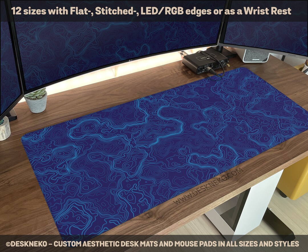 Topographic Desk Mat Blue, Large Mousepad Cartography Contour Map, Xxl