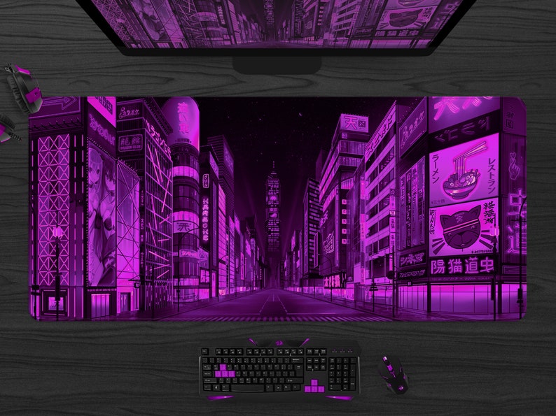 Gaming skrivbordsmatta xl, Tokyo Street musmatta, extra stor skrivbordsmatta anime, Grön turkos Vaporwave Skyline/City skrivbordsmatta, XXL musmatta C