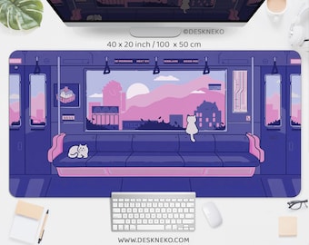 Kawaii Mouse Pad cute, Gaming Desk Mat RGB LED, Anime aesthetic cats on a train, Purple pink mousepad large wrist rest, xl keyboard deskmat