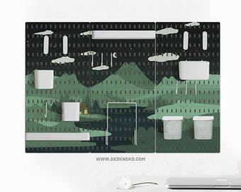Cute Cat Hills Pegboard Organizer Set with Accessories, Cozy Mountain Landscape Desk Peg Board for Gaming and Office Storage, Blue or green