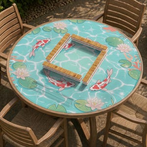 May include: A round table mat featuring a light blue water surface pattern with white koi fish, pink water lilies, and green lily pads. A square wooden frame is placed in the center of the mat. The mat is set on a round wooden table.
