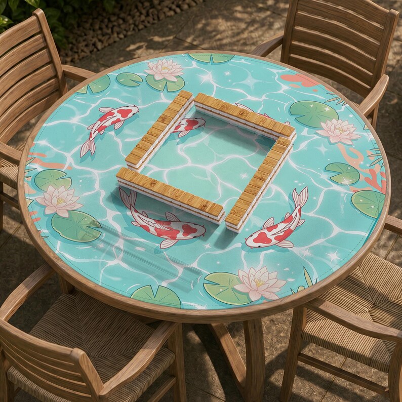 May include: A round table mat featuring a light blue water surface pattern with white koi fish, pink water lilies, and green lily pads. A square wooden frame is placed in the center of the mat. The mat is set on a round wooden table.