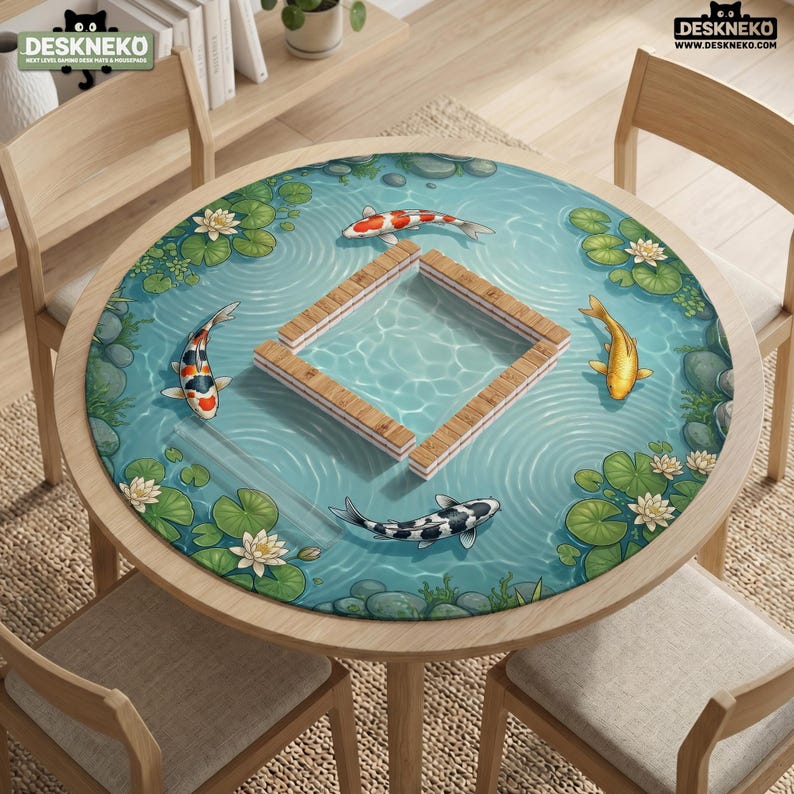 May include: A round desk mat featuring a pond scene with blue water, green lily pads, white water lilies, and gray stones. Four koi fish in orange, white, black, and yellow swim around a central square wooden frame. The logo DESKNEKO is visible.