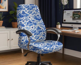 Office Chair Cover, Desk Chair Cover Stretch Washable, Blue White Asian Garden Pattern, Pagoda Crane Floral Oriental Decor