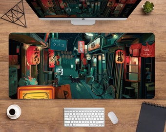 Japanse Lo-Fi-bureaumat xl, anime-muismat Tokyo Alley, extra grote gaming-muismat XXL, schattige kawaii-bureaumat, anime lofi-esthetiek uit de jaren 90