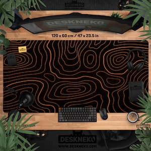 Black Orange Desk Mat XL, Gaming Mouse Pad Large, Simple LED Deskmat Topo, Extended Mousepad XxL, RGB Keyboard Matt, Topographic contours