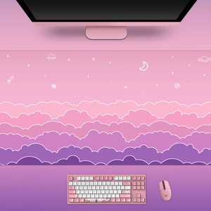 Cute Clouds Desk Mat Kawaii, Pastel Pink Mouse Pad, XL Desk Pad Cute, Kawaii Extended Gaming Keyboard, Extra Large Desk Mat, XXL Mousepad