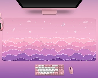 Cute Clouds Desk Mat Kawaii, Pastel Pink Mouse Pad, XL Desk Pad Cute, Kawaii Extended Gaming Keyboard, Extra Large Desk Mat, XXL Mousepad