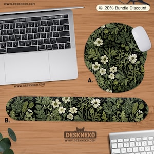 Dark Green Mouse Pad, Botanical Mousepad round, Ergonomic Keyboard Wrist Rest, Deskmat mouse mat small, Nature Desk Decor Accessory gift