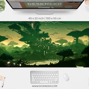 Magic castle desk mat, Green forest mousepad, Anime aesthetic genshin Japanese enchanted glowing trees, XXL rgb led gaming deskmat mouse pad