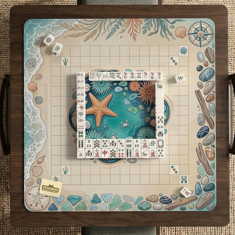 Mahjong Mat, Coastal Beach Table Mat, Cute Sea Glass Seashell Starfish Tabletop Game Pad, Ocean Board Game Cloth Protector, Travel Gift Large 33" / 84 cm