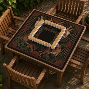 May include: A square wooden table with a decorative top featuring tigers, bamboo, and foliage. The table is surrounded by four wooden chairs. A wooden frame sits on the table's center. The table is approximately 36 inches square.