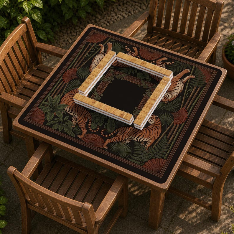 May include: A square wooden table with a decorative top featuring tigers, bamboo, and foliage. The table is surrounded by four wooden chairs. A wooden frame sits on the table's center. The table is approximately 36 inches square.