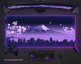 Fuji Desk Mat Purple Blue Mousepad, Japanese Fuji Sakura Cherry Blossom, Mountain landscape, XXL large led rgb gaming deskmat mouse pad xl