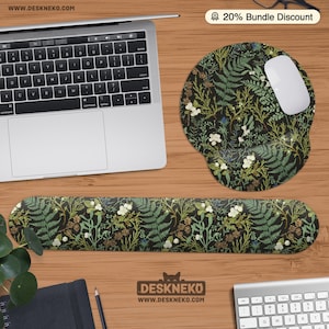 Ferns Mousepad Desk Mat, Ergonomic Mouse Pad with wrist rest, Green botanical nature deskmat xl, keyboard arm support, Forest flowers plants