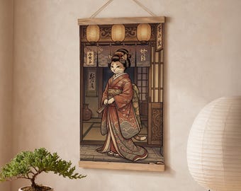 Tapiz de tela para pared, arte mural japonés, decoración de pared con gato kimono, arte textil vintage para tienda de ramen, decoración vertical Japandi, decoración para cafetería