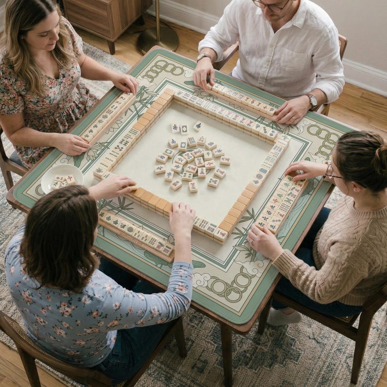 May include: A square Mahjong table with a light green and cream colored surface, surrounded by four players. The table is set with tiles and racks. The players are seated around the table, engaged in a game.