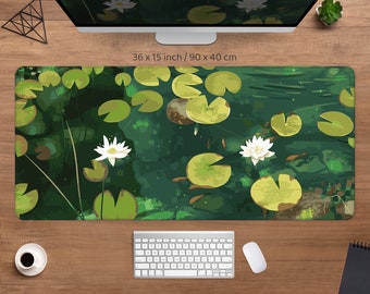 Tapete de mesa japonês com lagoa verde, mousepad estético com lírio, mousepad japonês com estampa de carpa koi e apoio de pulso para teclado, tapete de mesa gamer tamanho XL/XXL com LED RGB.