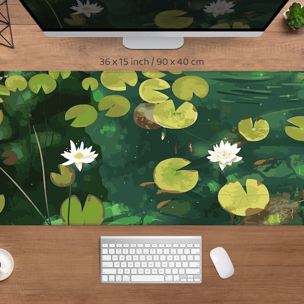 Japanese desk mat green pond, Lily flower mousepad aesthetic, Japan mouse pad nature koi keyboard wrist rest, XL XXL Gaming Deskmat rgb led