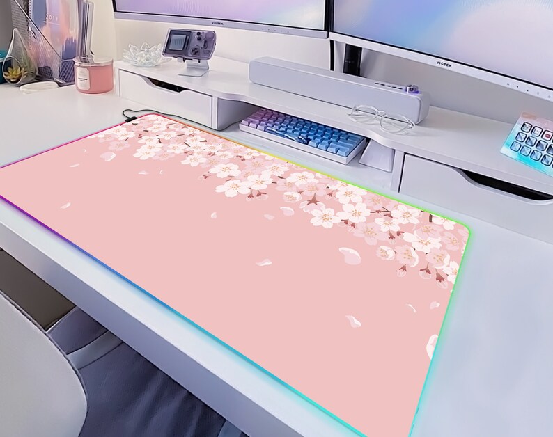 Cherry Blossom Desk Mat pink, Sakura Mousepad flower, pastel peach lofi anime aesthetic, kawaii gaming keyboard mouse pad xxl deskmat kawai 20" x 40" (50x100cm) inches