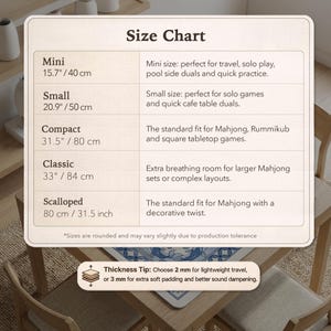 May include: A size chart for Mahjong game boards, with measurements in inches and centimeters. The chart includes sizes from Mini (15.7"/40 cm) to Scalloped (31.5"/80 cm). The chart also includes a thickness tip for the game board.