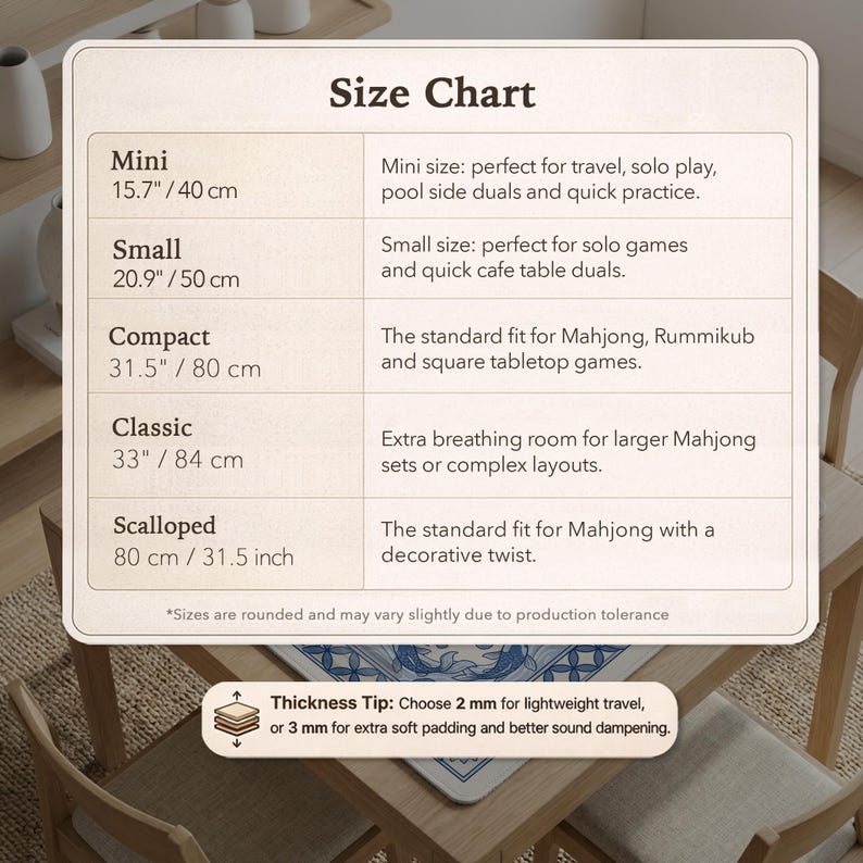May include: A size chart for Mahjong game boards, with measurements in inches and centimeters. The chart includes sizes from Mini (15.7"/40 cm) to Scalloped (31.5"/80 cm). The chart also includes a thickness tip for the game board.