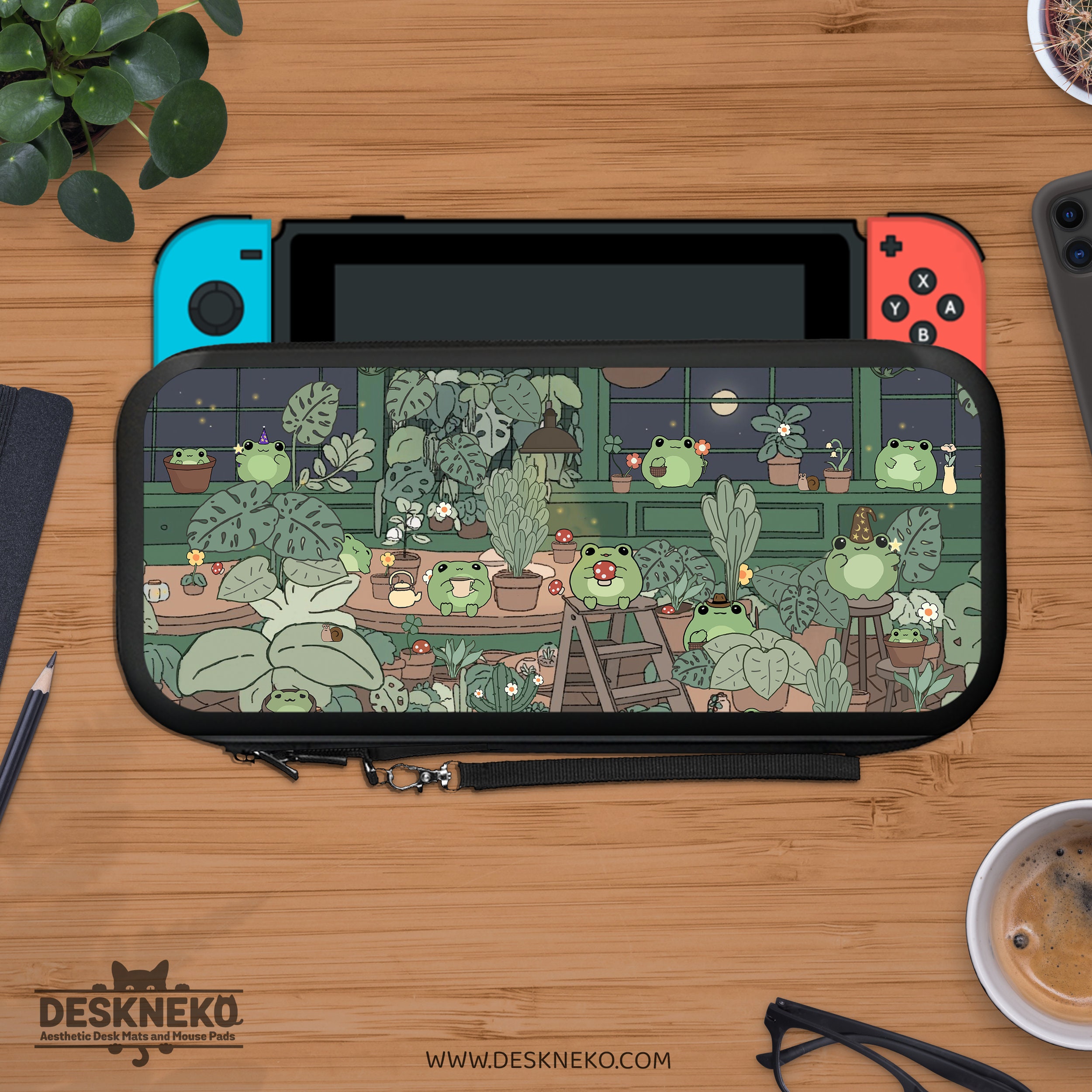 Cute case for Nintendo Switch, Green cottagecore Kawaii frogs, Hard shell dock skin cover, game holder, lite oled Travel carrying pouch