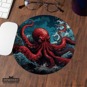 Octopus Mouse Pad, Japanese Mousepad, Ergonomic Keyboard Wrist Rest, red Kraken monster Deskmat, small round mat, Decor Desk Accessory gift