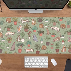 Pflanzen und Katzen Schreibtischmatte grün Mousepad, boho Blätter Natur Muster neutral braun beige Design, xl große Gaming Schreibtischmatte kleines Mauspad