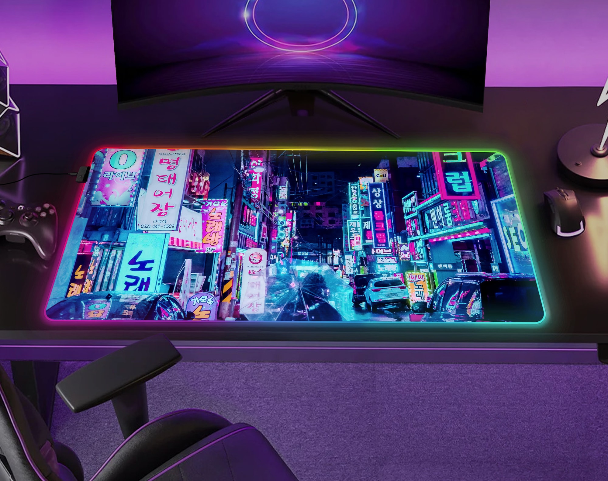 Discover Cyberpunk Desk Mat LED RGB gaming mousepad vaporwave, neon tokyo Japanese city street alley, xxl vapor retro wave gaming deskmat mouse pad