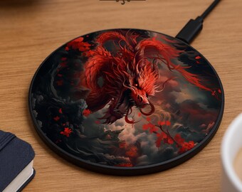 Red Dragon Wireless Charger, Asian Fantasy Dragon Qi Charging Pad, Dark Japanese Aesthetic Phone Dock, Gaming Desk Accessory Gift