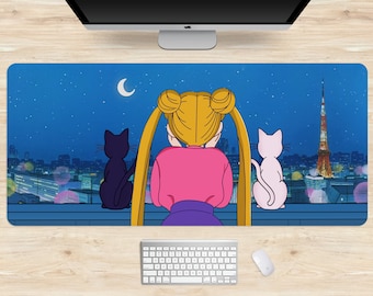 Retro Anime Mousepad, Lo-fi Purple aesthetics, 90s Artemis and Luna cats, pink XXL extra large extended gaming desk mat, cute mouse pad