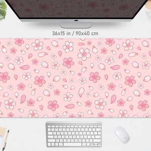 Cherry Blossom Desk Mat Kawaii Pink Mousepad, Cute pastel anime aesthetics strawberry, small mouse pad xxl large big wide Gaming Deskmat RGB