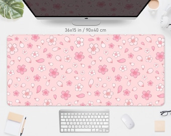 Cherry Blossom Desk Mat Kawaii Pink Mousepad, Cute pastel anime aesthetics strawberry, small mouse pad xxl large big wide Gaming Deskmat RGB