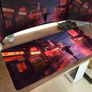 Lofi Desk Mat Anime, Rainy street Deskmat, Red Tokyo Cyberpunk City, Lo-Fi Aesthetic, keyboard deskpad, Rgb gaming mousepad, large mouse pad