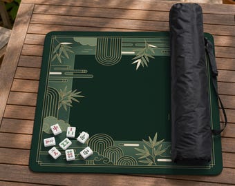Green Art Deco Mahjong Mat, Gold Bamboo Game Surface, American Tile Playmat, Square Board Game Pad, Luxury Host Gift For Mom