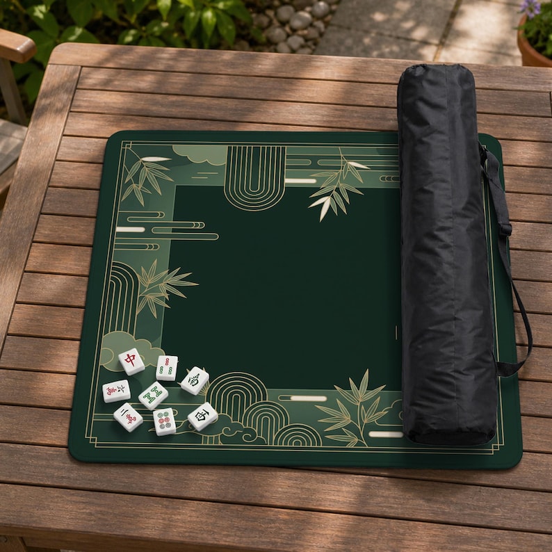 Pode incluir: Um tapete de Mahjong verde com um design decorativo de bambu e nuvens douradas. O tapete retangular tem uma bolsa de transporte preta. V&aacute;rias pe&ccedil;as de Mahjong est&atilde;o espalhadas no tapete.