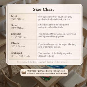 May include: Size chart for Mahjong game boards, with dimensions in inches and centimeters. Includes sizes: Mini (15.7"/40 cm), Small (20.9"/50 cm), Compact (31.5"/80 cm), Classic (33"/84 cm), and Scalloped (31.5 inch/80 cm).