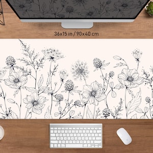 Minimal Mousepad boho plants desk mat, Flowers deskmat xxl gaming, Small mouse pad xl, beige white and black floral pattern, Cute desk decor