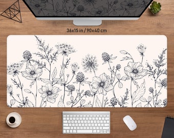 Minimal Mousepad boho plants desk mat, Flowers deskmat xxl gaming, Small mouse pad xl, beige white and black floral pattern, Cute desk decor