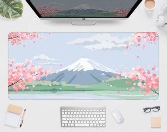 Kawaii Fuji Deskmat pastel, Japanese mountain Mousepad XL, Extra Large gaming desk pad, xxl mouse pad, mt fuji purple nature desk mat
