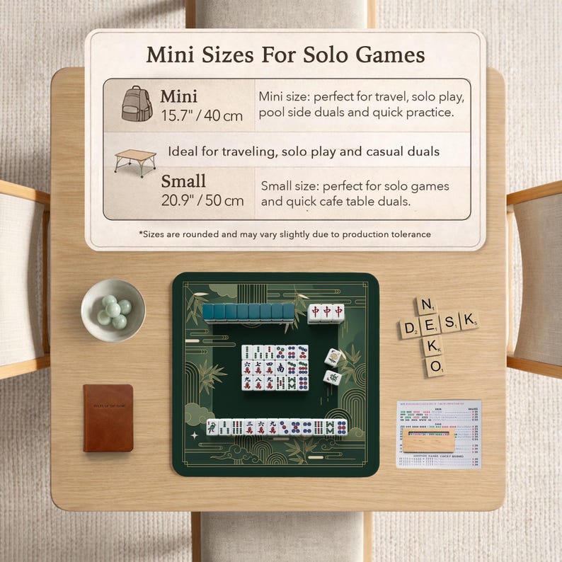 Pode incluir: Uma mesa de madeira exibe um conjunto de Mahjong verde com pe&ccedil;as brancas, um pequeno caderno castanho e uma tigela com pedras verdes. O texto "Mini Sizes For Solo Games" &eacute; vis&iacute;vel, com detalhes de tamanho em cm.