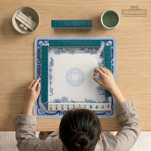 May include: A square mahjong mat with a blue and white floral border featuring lotus flowers and fish, surrounding a central circular pattern. Dark teal mahjong tiles are arranged in a square formation on the mat, with additional tiles and dice.